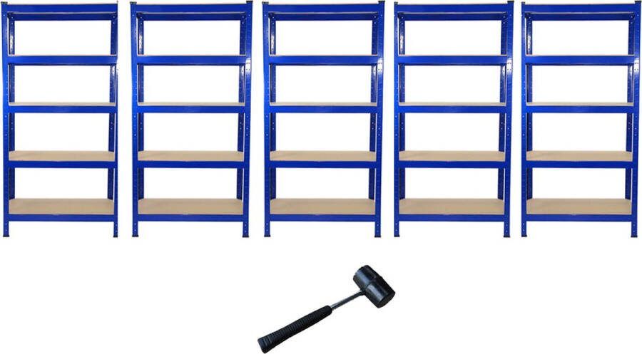 Monster Racking 5 x T-rax Stellingkasten 75x30x150 cm 100% boutloos Draagkracht: 150 kg per plank opbergrek metaal Blauw