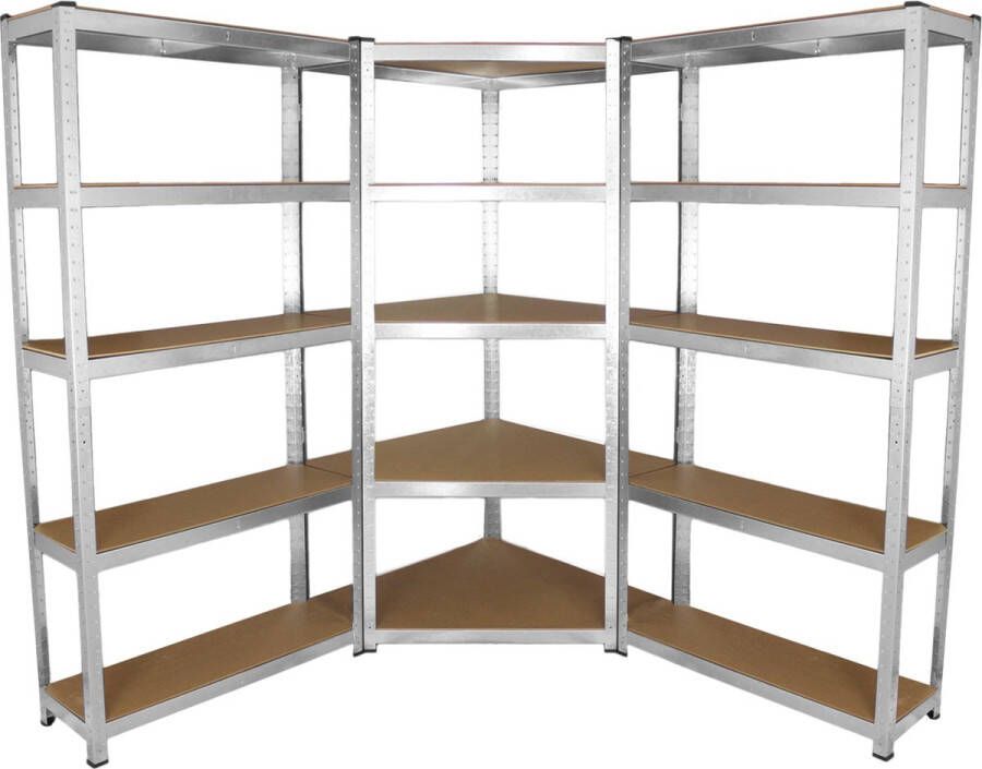Monster Racking Galwix Stellingkasten 2 rechte rekken + 1 hoekstelling 90x30x180 cm per rek – 100% boutloos Draagkracht: 1750 kg opbergrekken