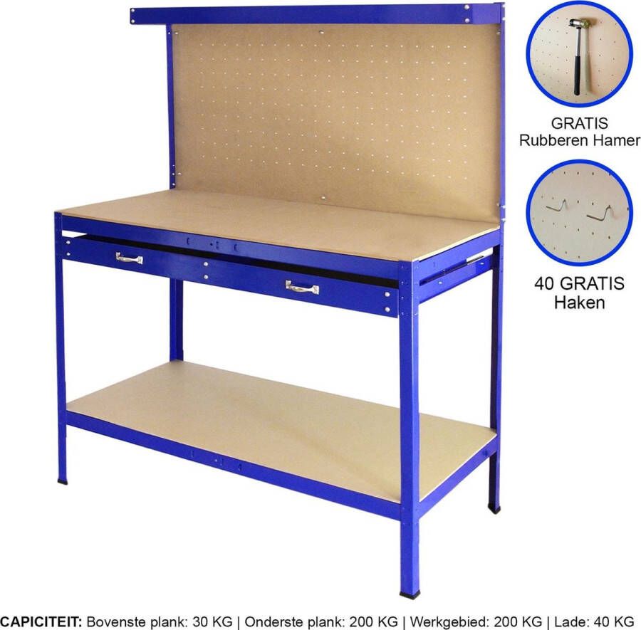 Monster Racking Q-rax Werkbank met achterwand + lade Blauw 120x60x155 cm Inclusief 40 haken werktafel workmate