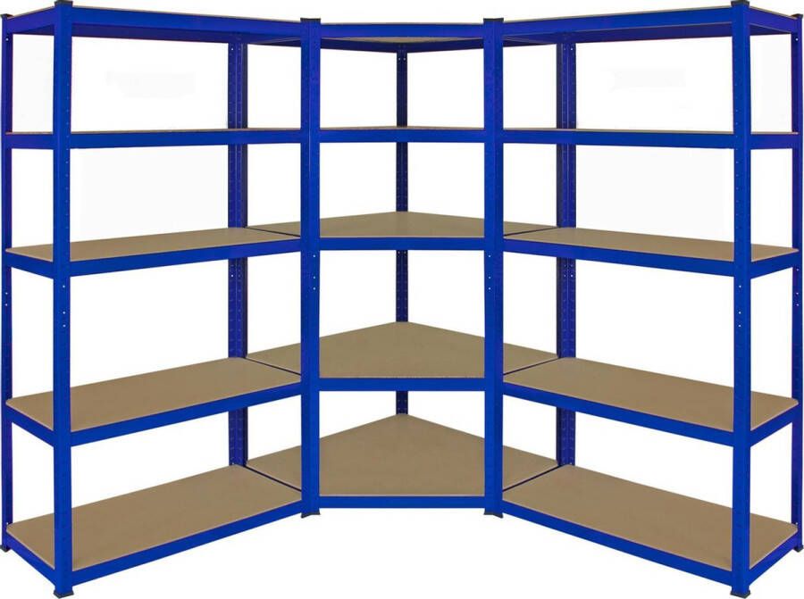 Monster Racking 3 x T-Rax Stellingkasten 1 hoek stelling + 2 rechte stellingkasten 90 x 45 x 180 cm per unit Blauw 100% boutloos 265 kg per plank opbergrek metaal