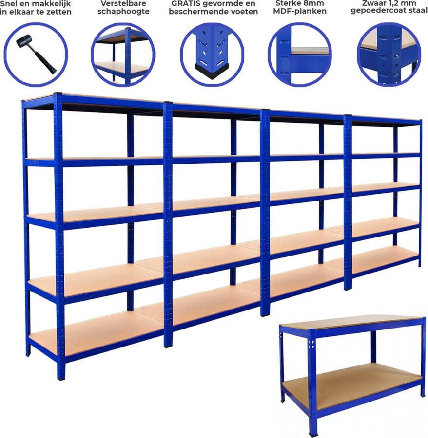 Monster Shop NL 4 x T-Rax Stellingkasten + Werkbank Blauw 100% boutloos Draagkracht : 1400 kg & 400 kg opbergrekken metaal bundel