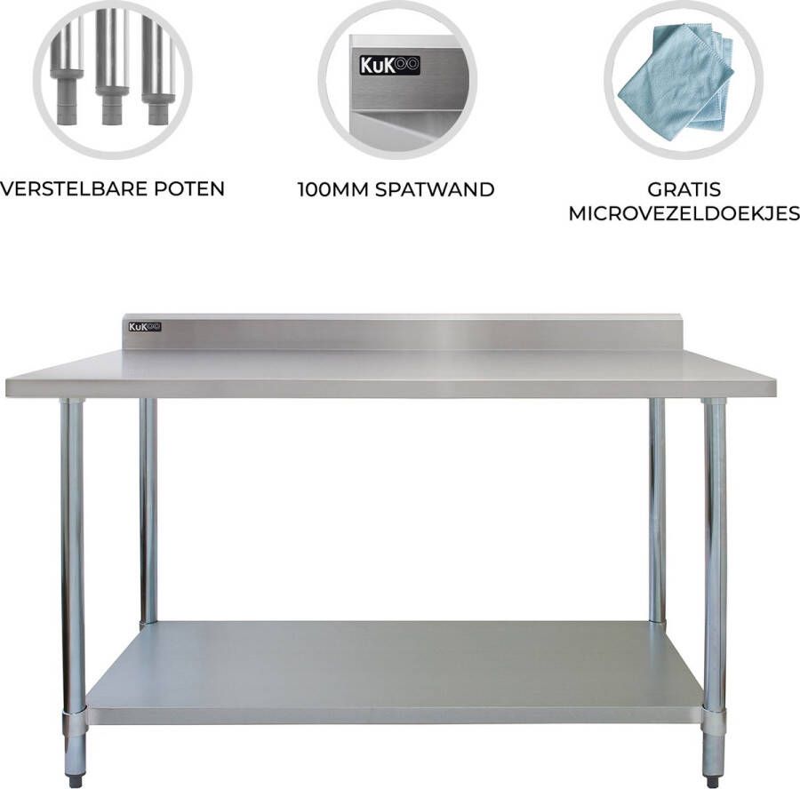 Monster Shop NL Commerciële Horeca Werktafel Catering RVS 120 x 60 x 90 cm Tafel Roestvrij Staal Gastronomie Voedselbereiding Keuken 250 kg Gewichtscapiciteit Draagkracht Stevig Spatrand 2 x Microvezeldoeken