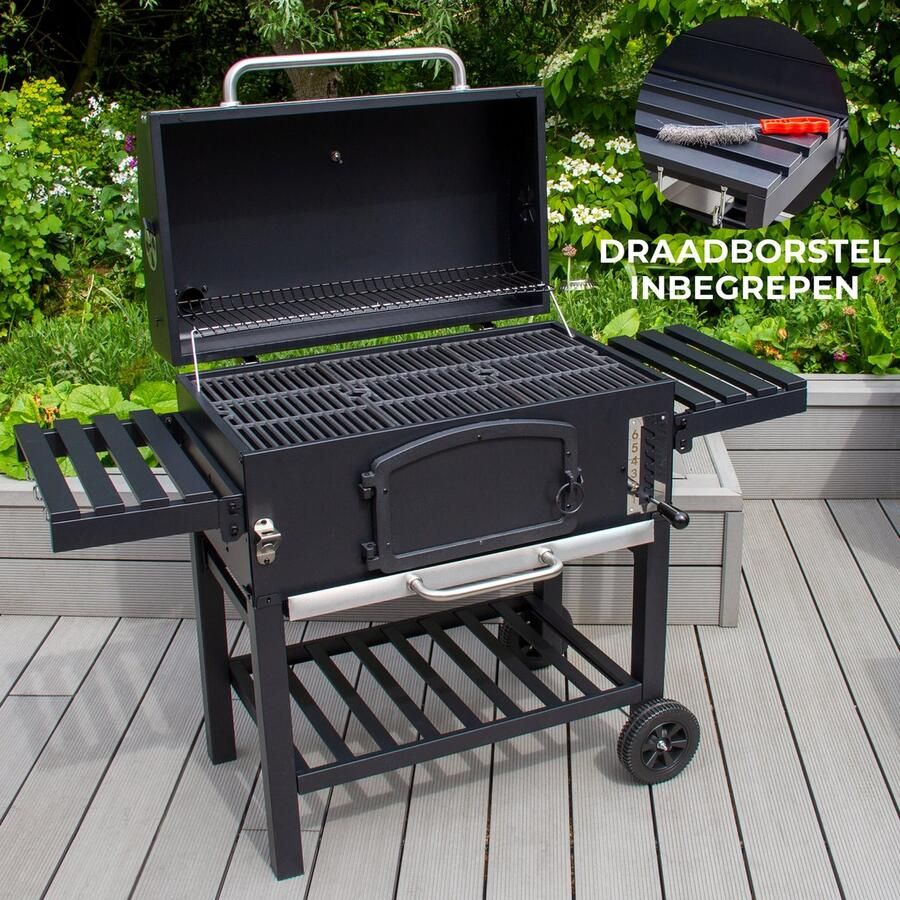 Monster Shop NL BBQ Grill XXL Rookoven Smoker- Houtskool Barbecue Tuin Inclusief Regenhoes Draadborstel Uitklapare Opbergruimte