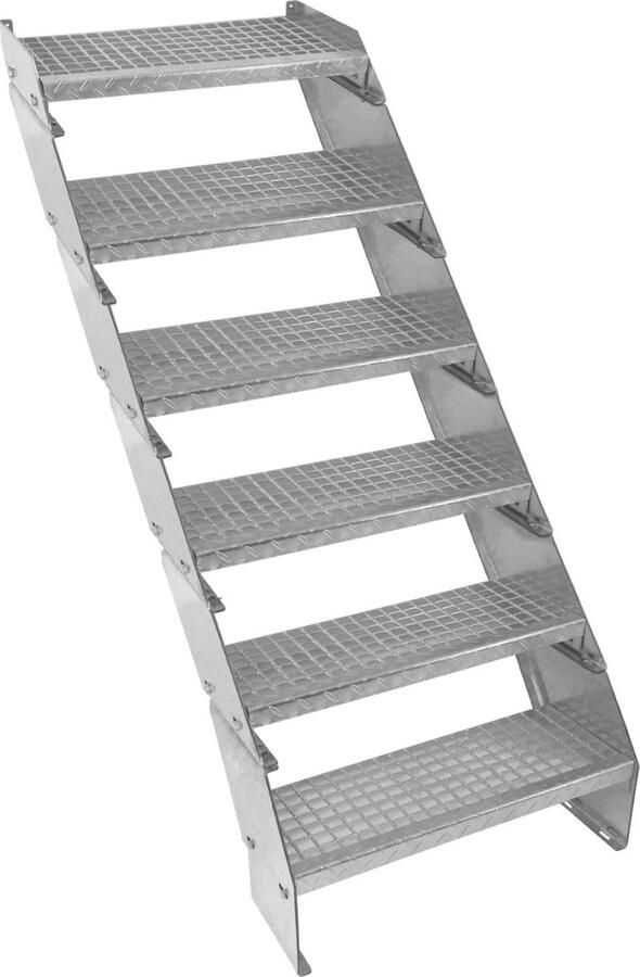 Monster Shop NL Metalen Trap 6-delige Verstelbare Hoogte 60 cm 600 mm Breed Verzinkt Staal Zilver 6 Treden Weerbestendig Roostertrap Buiten Tuin Terras Modulaire Trap 5 mm Staafronde Dikte GRATIS Bevestigingskit