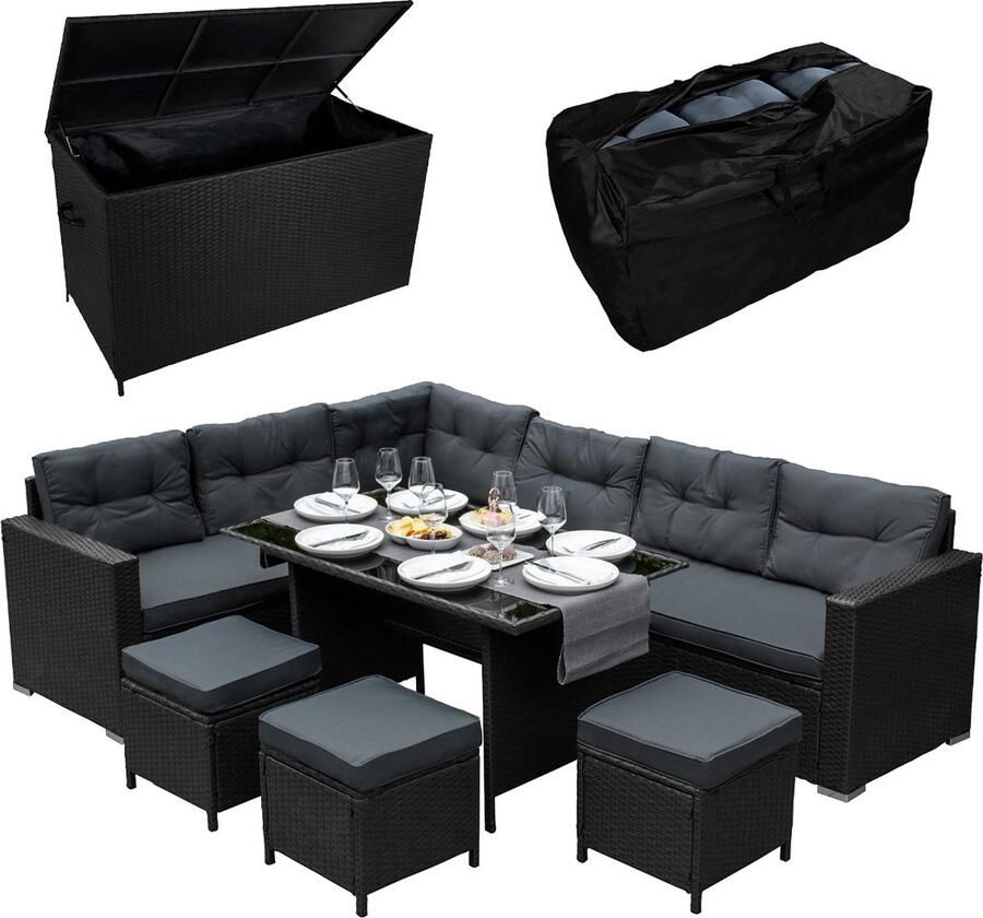 Monster Shop NL Zwart Rattan Hoek Dining Set & Tuinopbergbox 9-Zitter L Bank Krukken Glazen Tafel Grote Kussens Meubelkist 582L Buiten Patio Stalen Frame UV-bestendig GRATIS Waterdichte Draagtas & Regenhoes