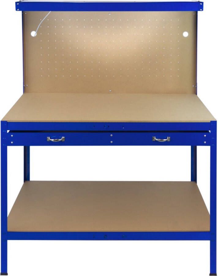 Monster Shop NL Werkbank Werktafel Garage Opslag Organisatie Metaal MDF 120x60x155cm Inclusief + Ophangbord Pegboard Achterwand Gatenwand Lade + LED Verlichting + Rubberen Hamer Eenvoudige Montage Blauw