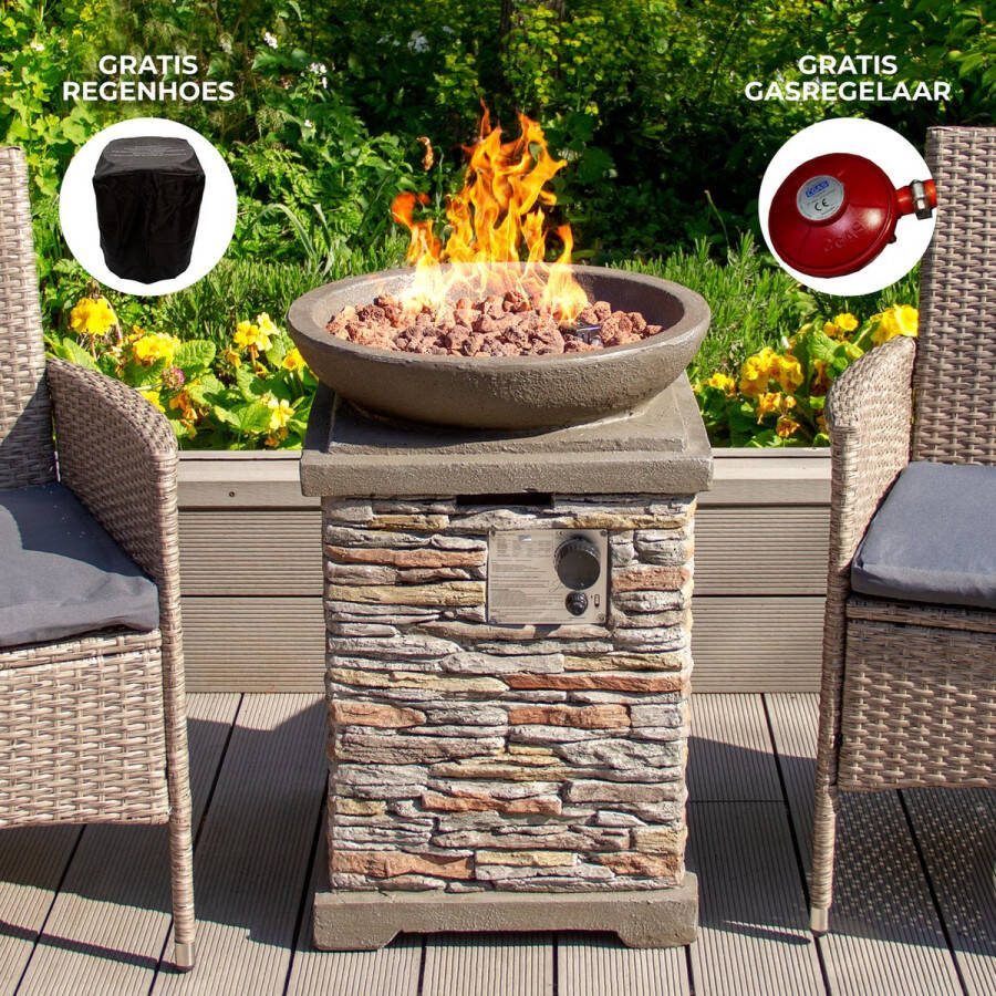 MonsterShop Gashaard Vuurtafel Buiten Steen Inclusief Waterdichte Berschermhoes + Lavastenen + Gasslangg & Gasregelaar Tuinhaard