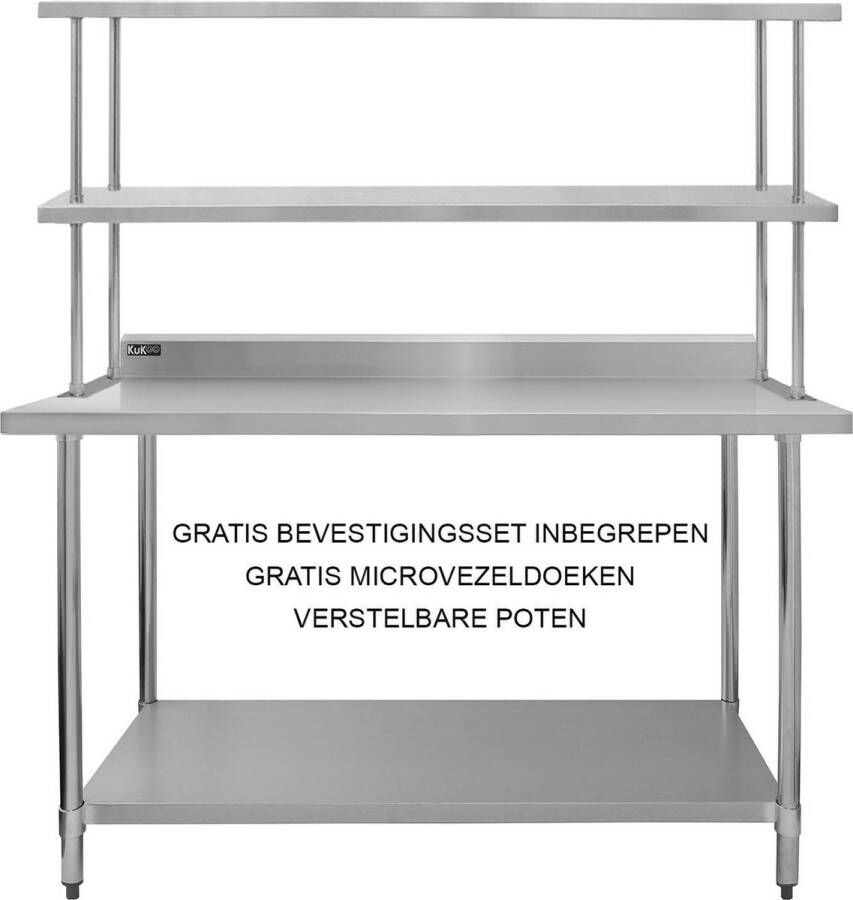 MonsterShop Keukenwerktafel met dubbel bovenschap 180 cm Roestvrijstaal GRATIS bevestigingsset en 2 x microvezel doeken Capiciteit 450 kg