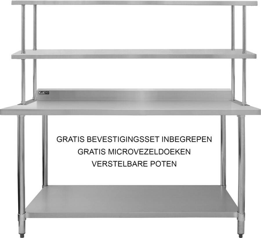 MonsterShop Keukenwerktafel met dubbel bovenschap 180 cm Roestvrijstaal GRATIS bevestigingsset en 2 x microvezel doeken Capiciteit 450 kg