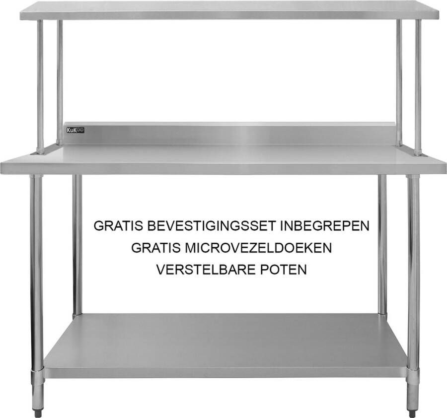 MonsterShop Keukenwerktafel met enkele bovenschap 150 cm Roestvrijstaal GRATIS bevestigingsset en 2 x microvezel doeken Capiciteit 350 kg