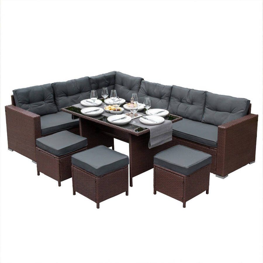 Monster Shop NL Rattan Hoekdinerset Tuinmeubilair Bruin 9-Persoons L-Vormige Bank Krukjes Tafel Gehard Glas UV-beschermd Waterdichte Grijze Zit- en Rugkussens Terras
