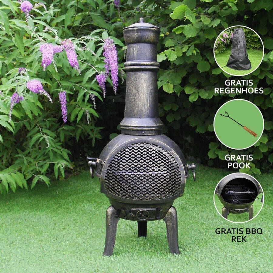 MonsterShop Tuinhaard Gietijzer inclusief regenhoes asrooster pook & BBQ-rek ventilatie vuurhaard tuin terras buiten