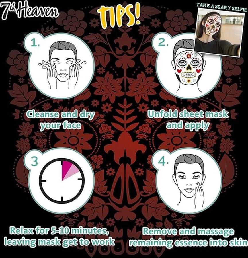 Montagne 7TH Heaven 7th Heaven Mask art gezichtsmasker Dia de Muertos masker energiek hydraterend biologisch afbreekbaar met aloë vera en komkommerextract ideaal voor alle huidtypes. Set a 5 maskers