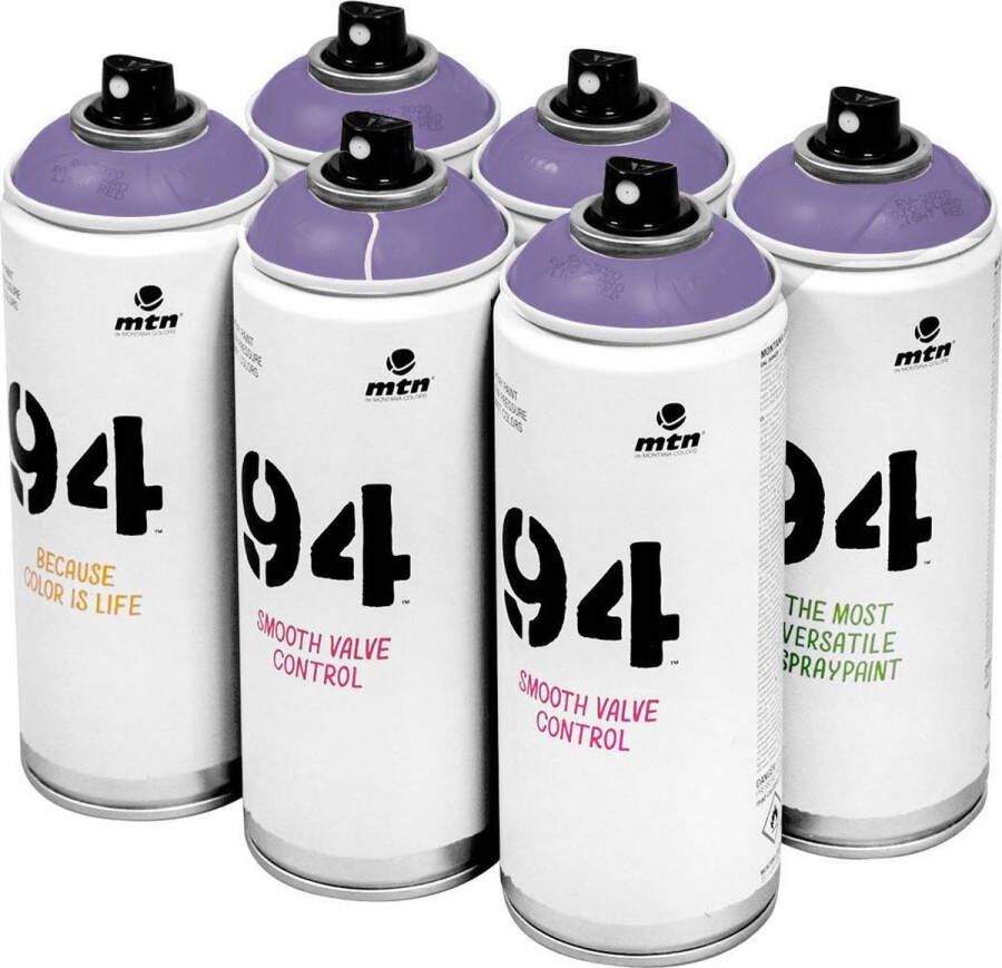 Montana Colors MTN 94 Destiny Violet paarse spuitverf 6 stuks 400ml lage druk en matte afwerking
