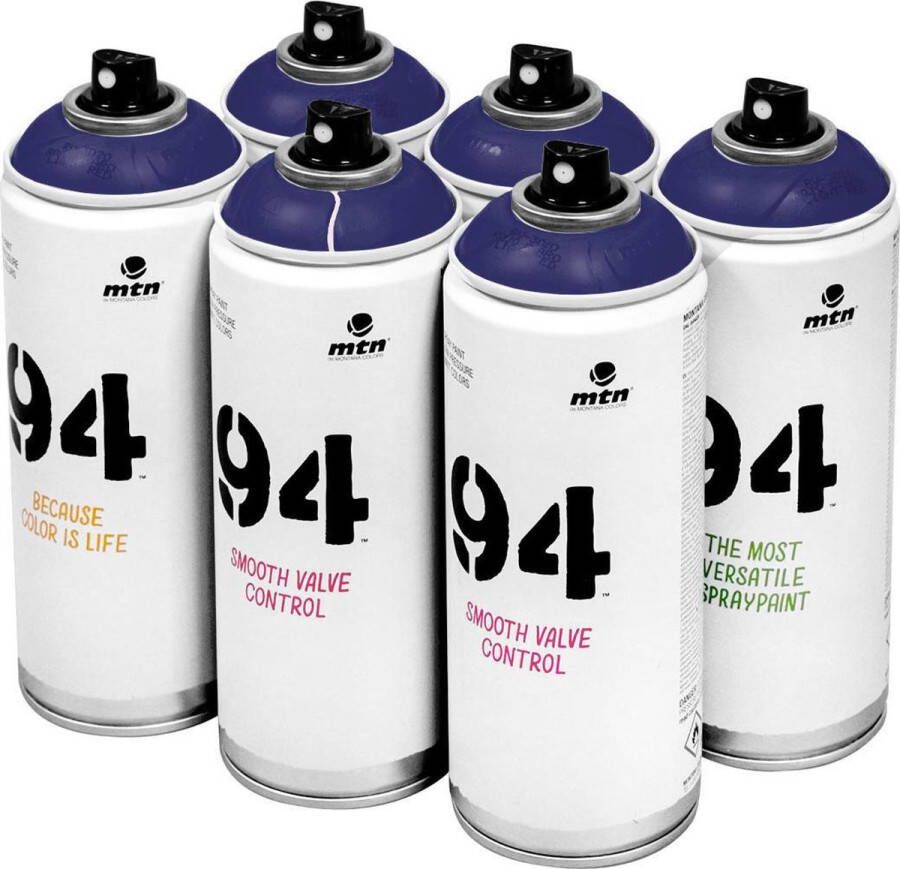 Montana Colors MTN 94 Mantra Blue donkerblauwe spuitverf 6 stuks 400ml lage druk en matte afwerking