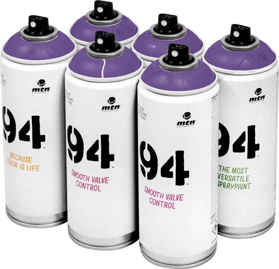 Montana Colors MTN 94 Ultraviolet paarse spuitverf 6 stuks 400ml lage druk en matte afwerking