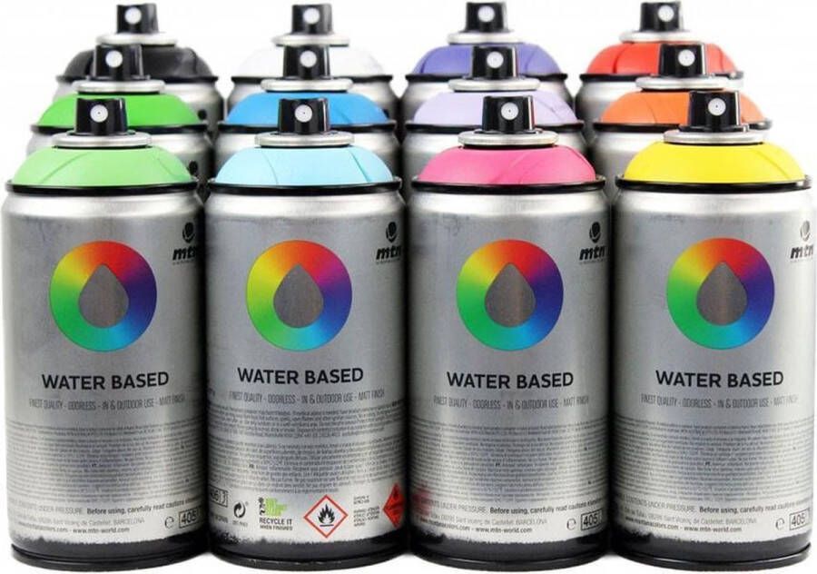 Montana Colors MTN Waterbasis 12 kleuren spuitbussen pakket Lage druk matte afwerking graffiti spuitverf 300ml