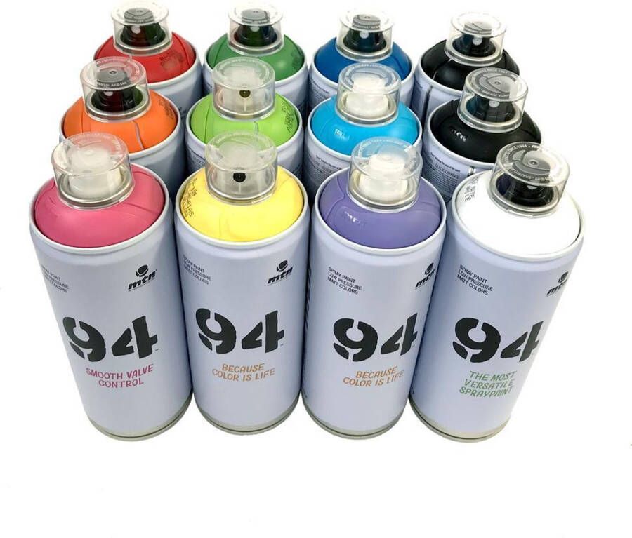 Montana Colors MTN94 Spuitbussen pakket 12 kleuren lage druk en matte afwerking graffiti spuitverf 400ml