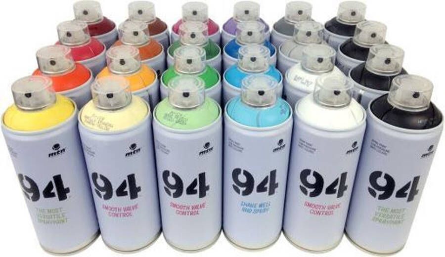 Montana Colors MTN94 Spuitbussen pakket 24 kleuren lage druk en matte afwerking spuitverf Graffiti verf voor vele doeleinden zoals voor diy klussen graffiti hobby en kunst