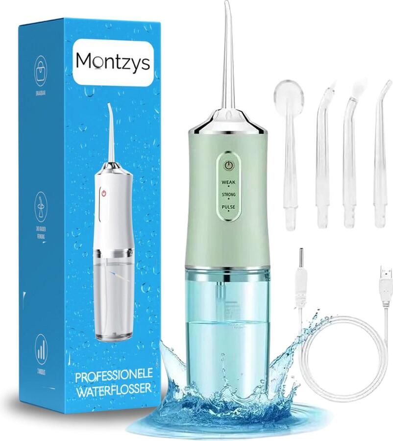 Montzys Waterflosser met 4 Opzetstukjes Groen Elektrische Tandenflosser Monddouche Mondverzorging Flosapparaten Tongreiniger