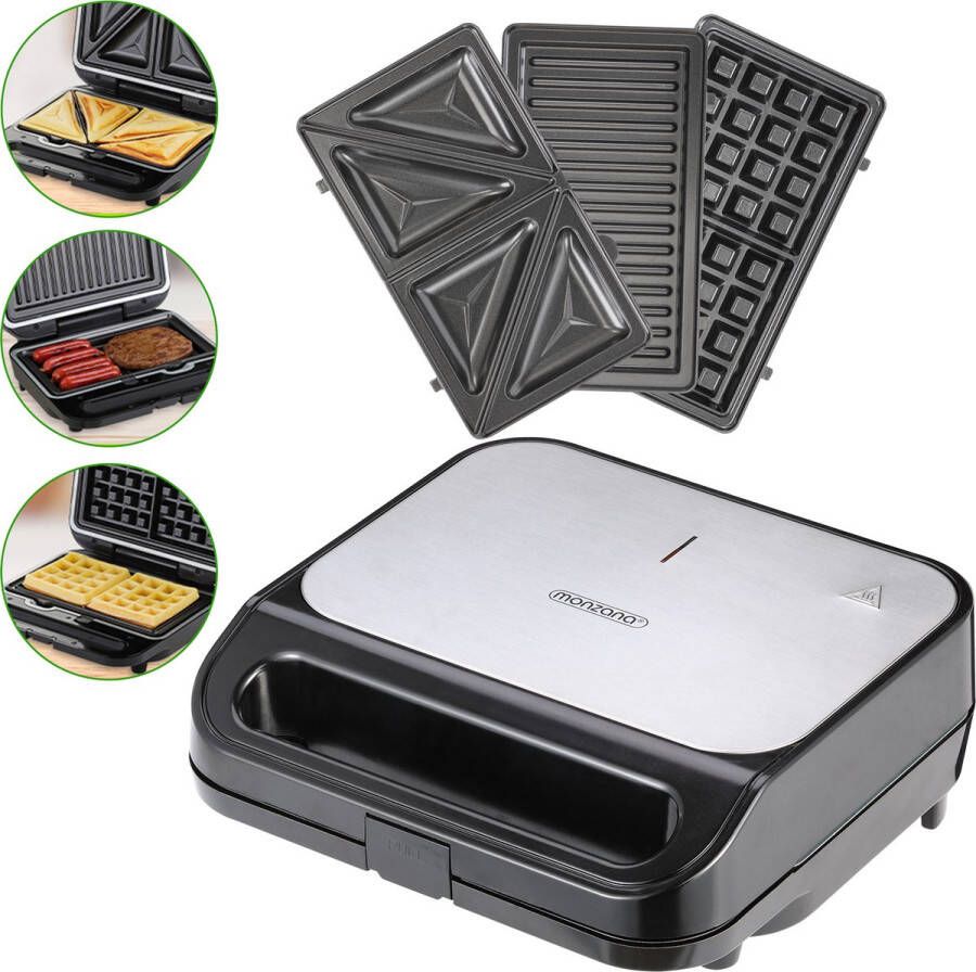 Monzana Sandwich Tosti Apparaat 3 in 1 met Afneembare Platen Zwart
