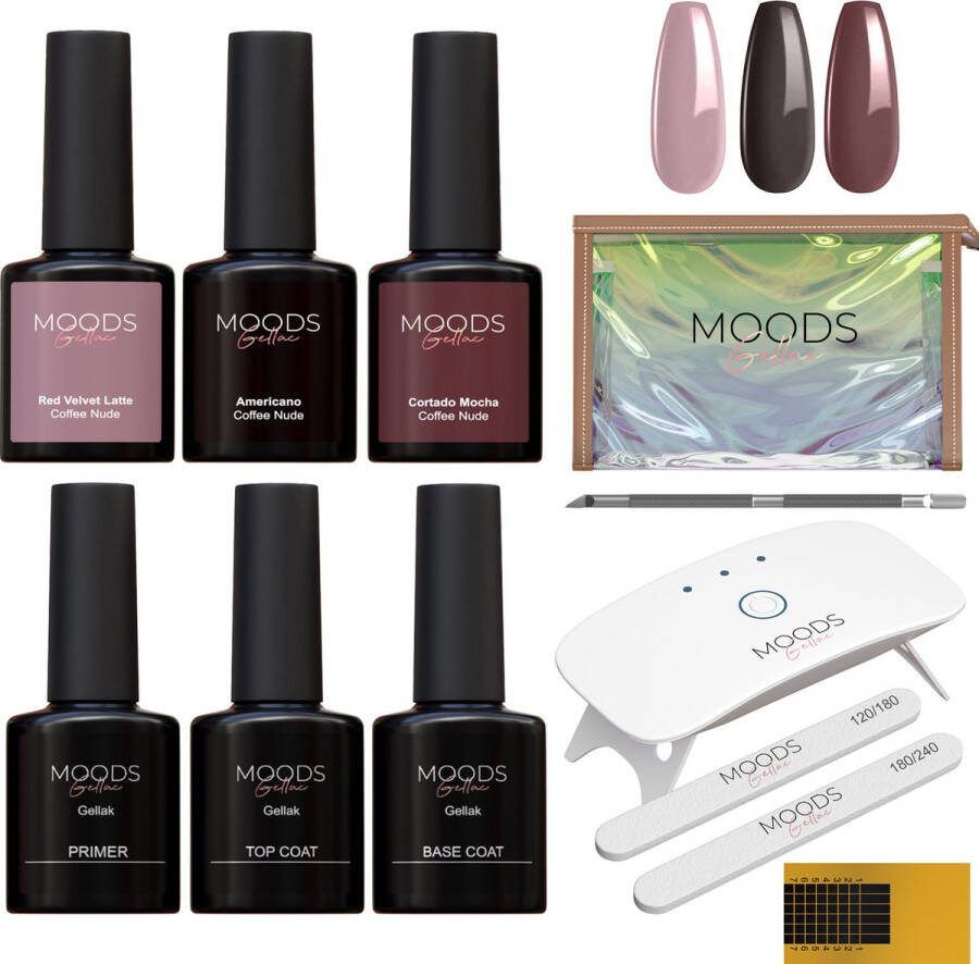 Moods Gellac BIAB Starter Pakket – Coffee Nude Builder in a Bottle – BIAB Nagellak – Inclusief UV LED Lamp Bokkepoot Nagelvijl Primer Base en Top Coat
