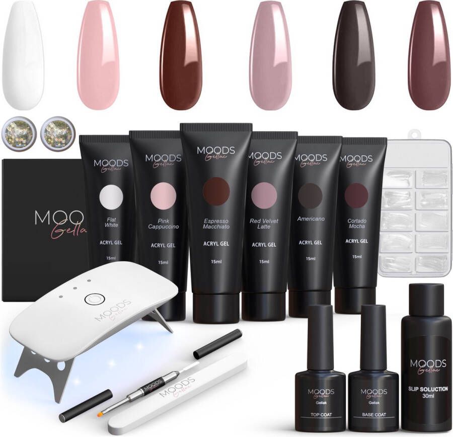 Moods Gellac Luxe Polygel Set Polygel Nagels Starterspakket Inclusief UV LED lamp 6 Kleuren Coffee Nude