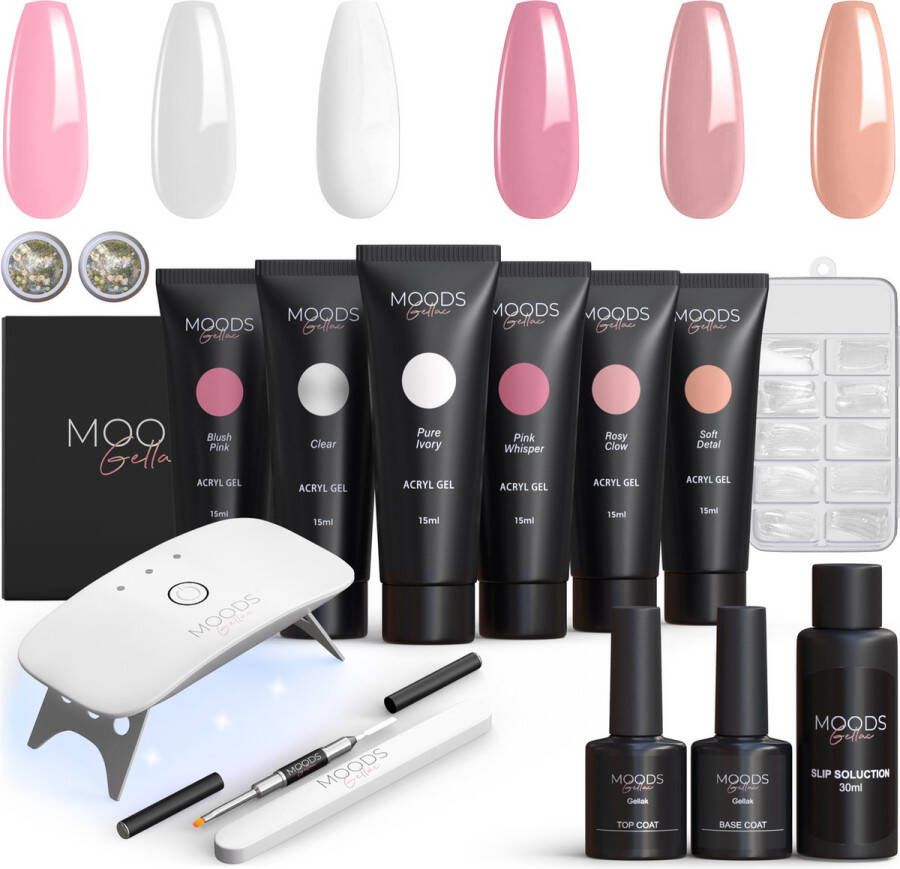 Moods Gellac Luxe Polygel Set Polygel Nagels Starterspakket Inclusief UV LED lamp 6 Kleuren Nude Roze