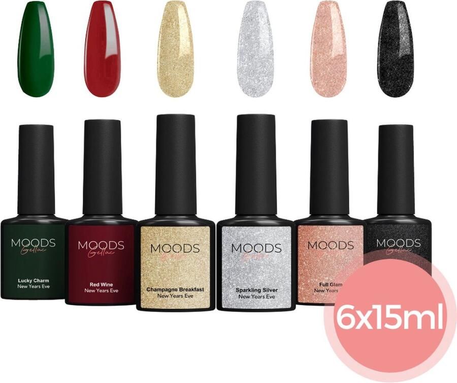 Moods Gellac 6-delige Set Gel Nagellak 15ML New Year's Eve Glitter Gellak Nagels Gellak Starterspakket Glitter Kleuren