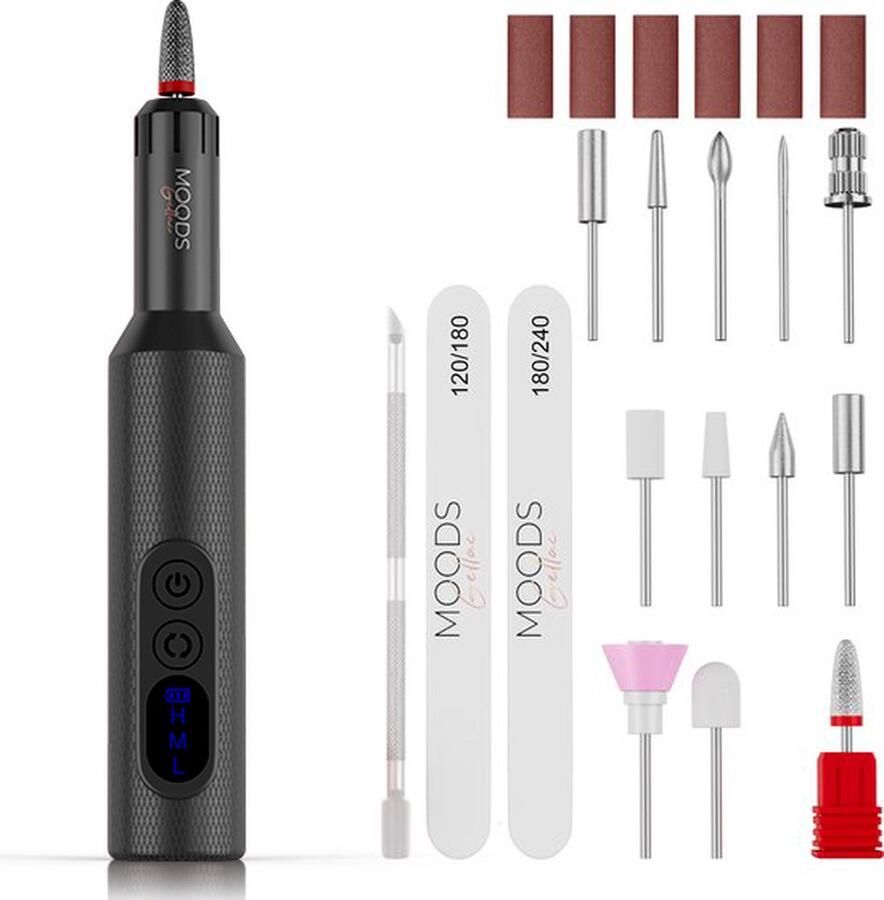 Moods Gellac Professionele Elektrische Nagelfrees 20000RPM Draadloos en Oplaadbaar Zwart Nagelvijl Manicure & Pedicure set Nagelvijl Elektrisch