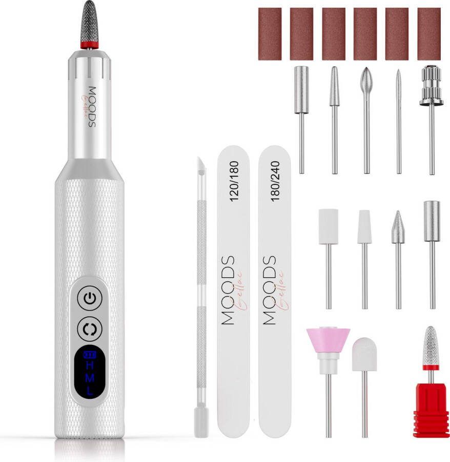 Moods Gellac Professionele Elektrische Nagelfrees 20000RPM Draadloos en Oplaadbaar Wit Nagelvijl Manicure & Pedicure set Nagelvijl Elektrisch