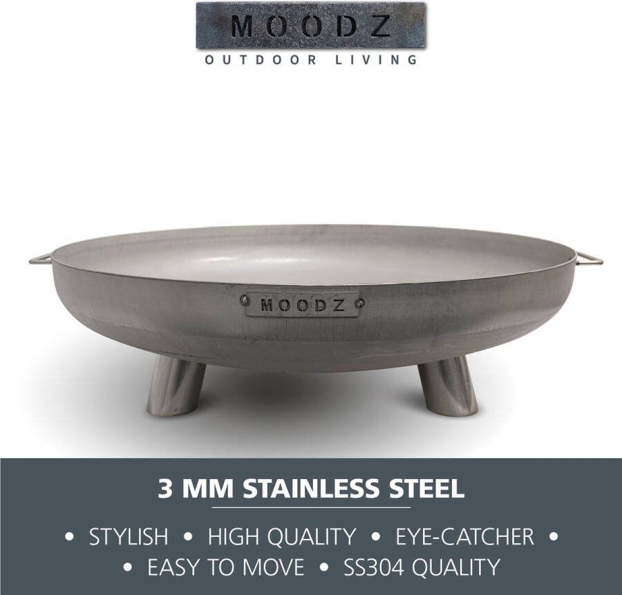 Moodz Outdoor Living MOODZ Vuurschaal Feet & Handle RVS Ø100 cm- Ook met Grill Plancha verkrijgbaar! Vuurschaal groot L 100 x B 100 x H 23.5 cm Staal Grijs- Vuurkorf Vuurschaal BBQ Vuurschaal voor buiten Terraskachel Tuinkachel