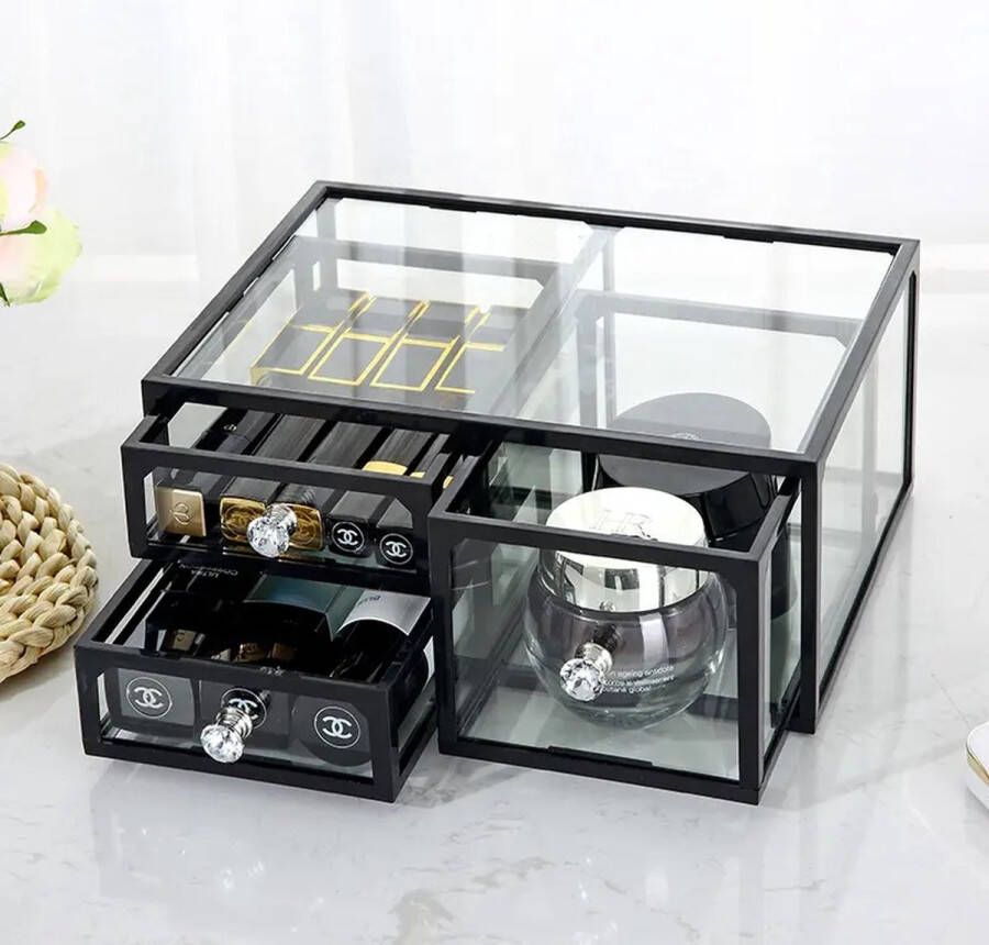Moongoods make-up organizer van glas met zwart frame beautycase cosmetica organizer make up sieradendoos sieraden organizer cosmetica organizer groot Opbergdoos met 3 lades Cosmetica opberger Glazen box
