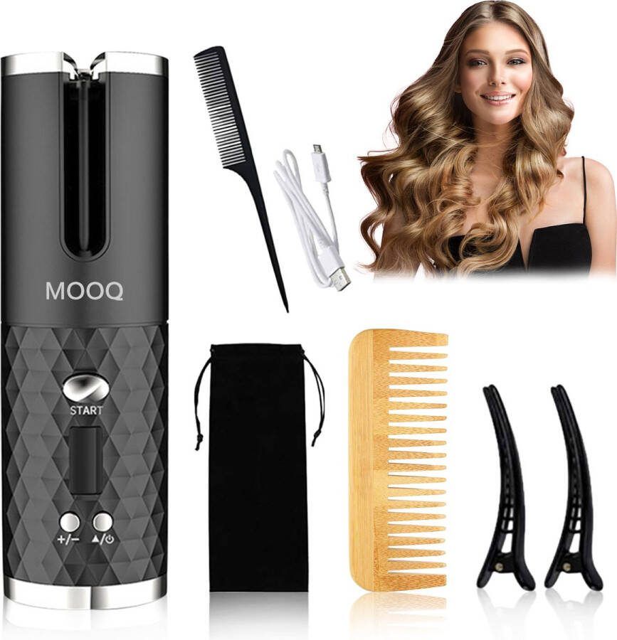 MOOQ Automatische Krultang Hair Curler Draadloos USB Oplaadbaar Keramisch GRATIS bamboo kam Zwart
