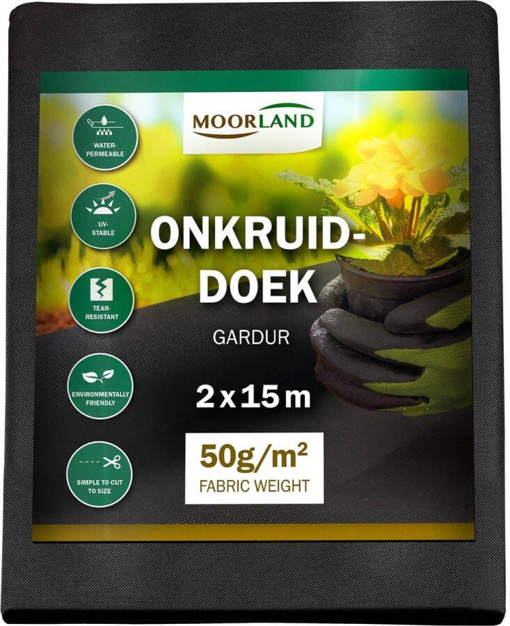 Moorland Gardur Anti Onkruiddoek Tuin 2m x 15m (30m²) Zwart Antiworteldoek UV-licht bestendig Waterdoorlatend voor Tuin Terras & Bloembed