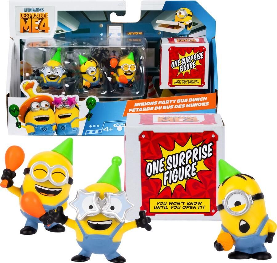 Moose Toys Despicable Me 4 Minions Party Bus Bunch 4 Minions speelfiguren