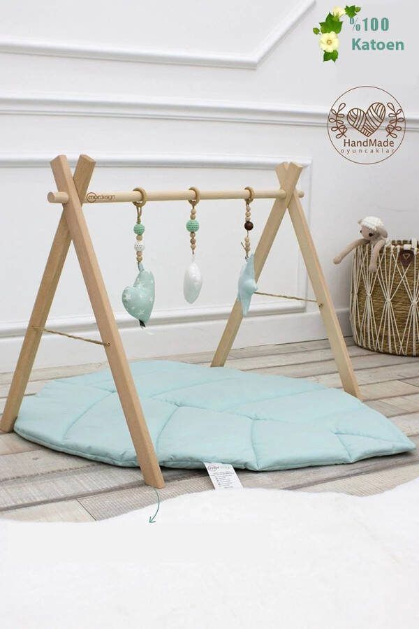 MorDesign Babygym Hout 3 Speeltjes Stevige & Veilige constructie Natuurlijke houten babytrainer baby houten speeltuin handgemaakt speelgoed en speelmat set van 3. GROEN