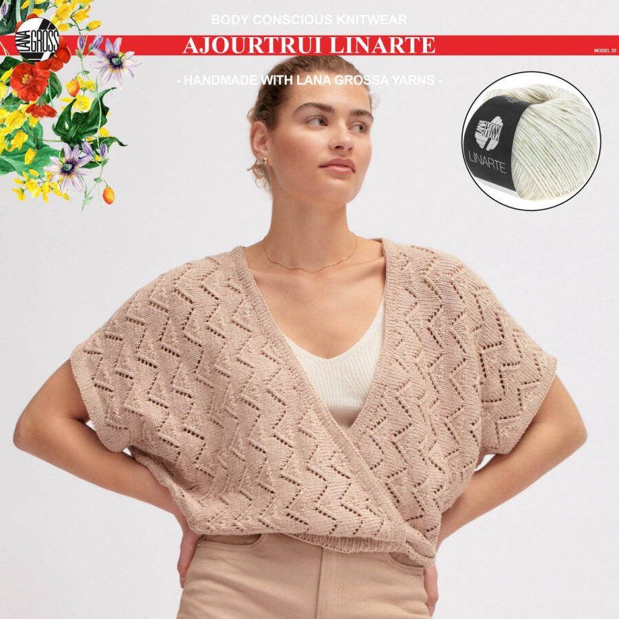 More by Mooj Breipakket ajourtrui mt. 40 met Linarte-garen model 25 van Lana Grossa Classici nr. 24-kleur wit