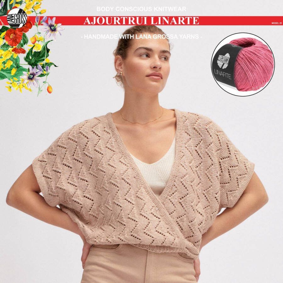 More by Mooj Breipakket ajourtrui met Linarte-garen model 25 van Lana Grossa Classici nr. 24-maat 40 42 -kleur azalea
