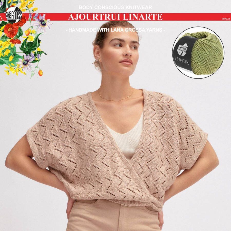 More by Mooj Breipakket ajourtrui mt. 40 42 met Linarte-garenmodel 25 van Lana Grossa Classici nr. 24-kleur olijf