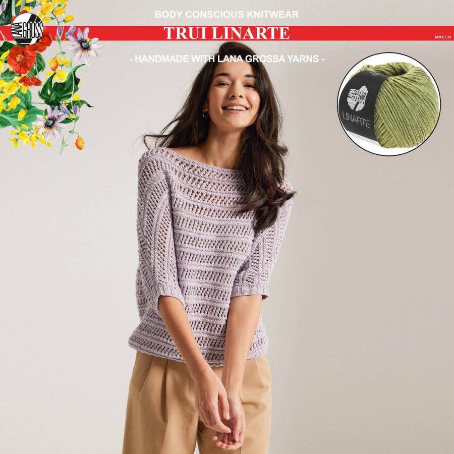 More by Mooj Breipakket trui mt. 44 met Linarte garen model 23 van Lana Grossa Classici 24- kleur olijf