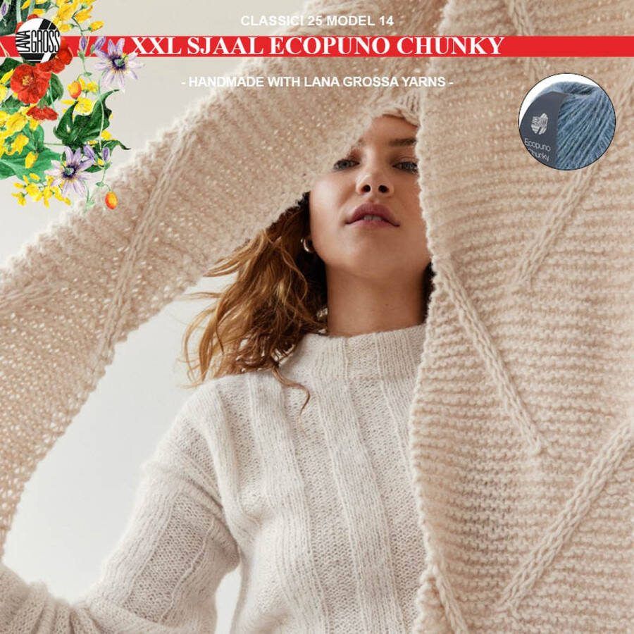 More by Mooj Breipakket XXL sjaal met Ecopuno Chunky model 14 van Lana Grossa Classici nr. 25-jeans