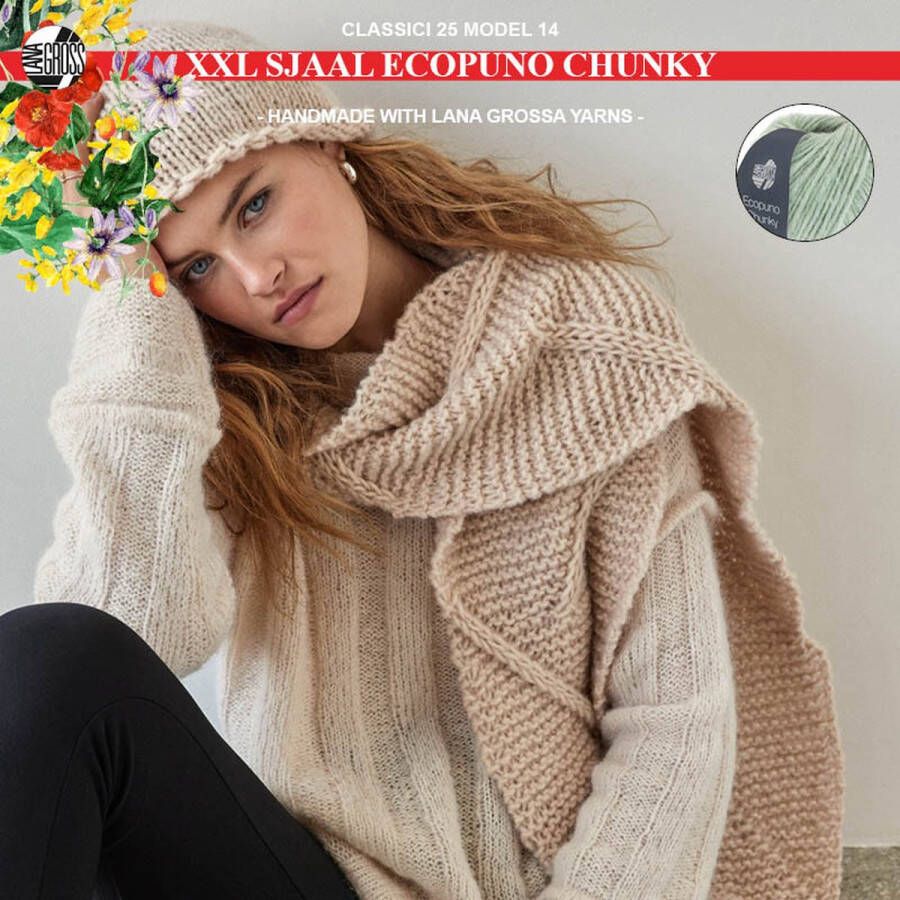 More by Mooj Breipakket XXL sjaal met Ecopuno Chunky model 14 van Lana Grossa Classici nr. 25-mint