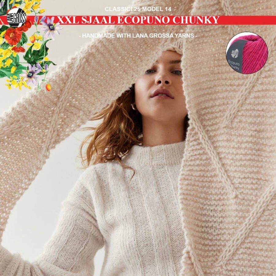More by Mooj Breipakket XXL sjaal met Ecopuno Chunky model 14 van Lana Grossa Classici nr. 25-pink