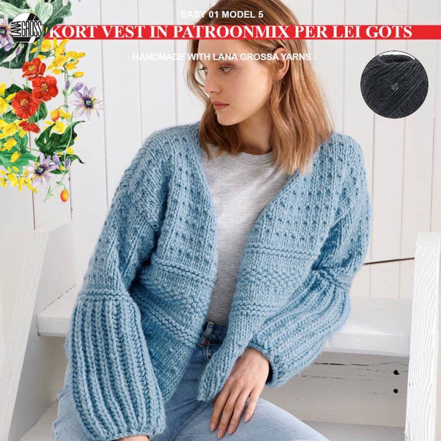 More by Mooj Breipakket kort vest in een patroonmix met Per Lei Gots-mt. 40 42- model 05 van Lana Grossa Easy 01-antraciet