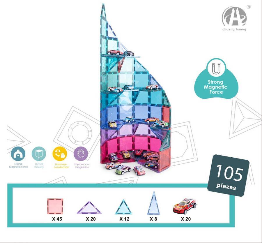 Morgiano Diamant Magnetisch Speelgoed Magnetic Tiles autogarage 105 stuks -Delig Constructiespeelgoed Magnetische Bouwstenen Magnetische Tegels Magnetic toys Duurzaam Speelgoed