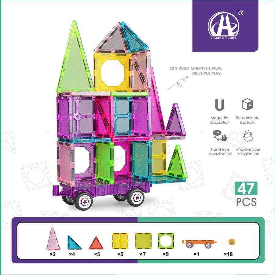 Morgiano Magnetisch Speelgoed Magnetic Tiles Aanhanger 47 stuks -Delig Constructiespeelgoed Magnetische Bouwstenen Magnetische Tegels Magnetic toys Duurzaam Speelgoed