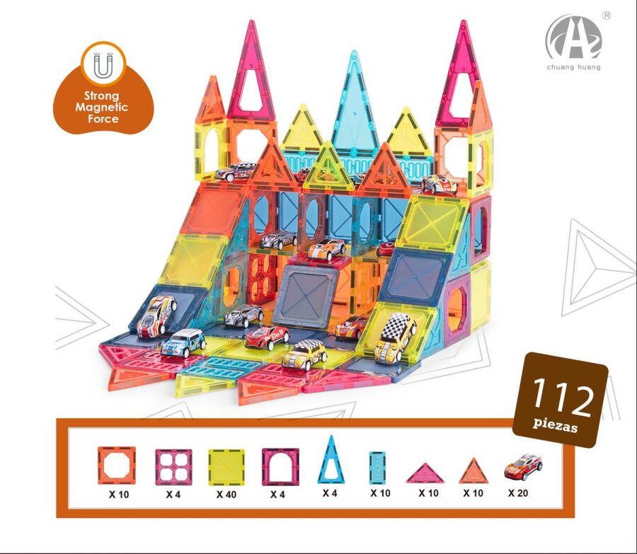 Morgiano Magnetisch Speelgoed Magnetic Tiles autogarage 112 stuks -Delig Constructiespeelgoed Magnetische Bouwstenen Magnetische Tegels Magnetic toys Duurzaam Speelgoed