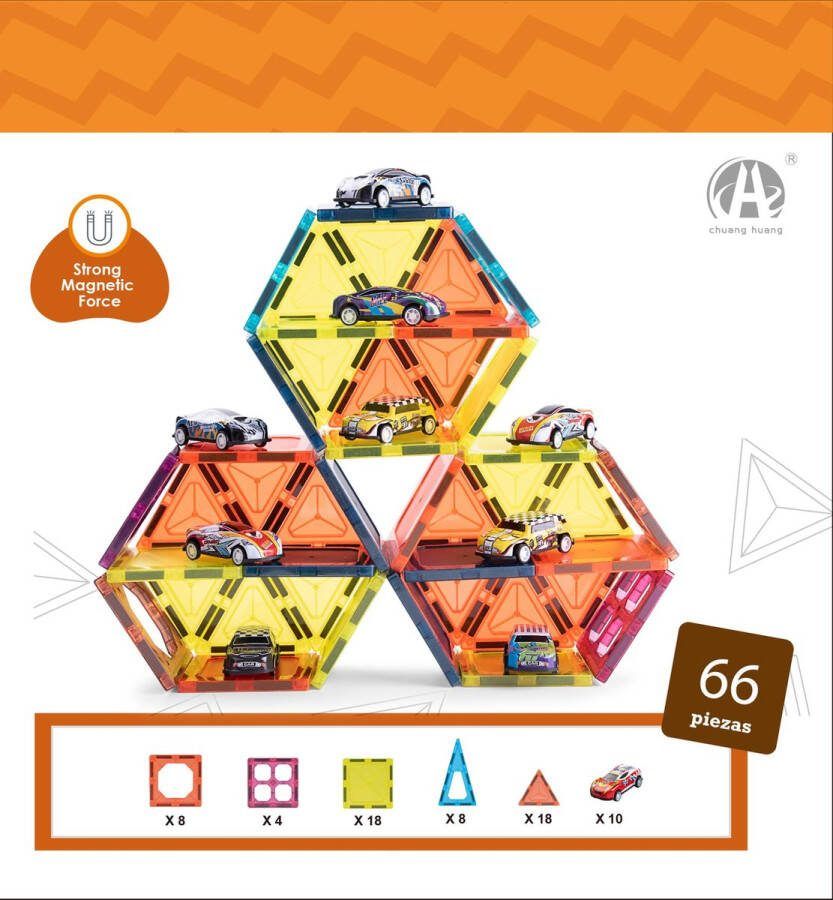 Morgiano Magnetisch Speelgoed Magnetic Tiles autogarage 66 stuks -Delig Constructiespeelgoed Magnetische Bouwstenen Magnetische Tegels Magnetic toys Duurzaam Speelgoed