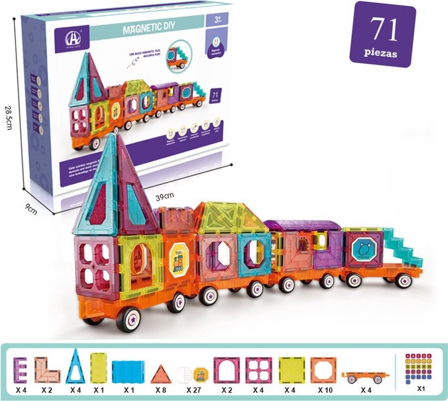 Morgiano Magnetisch Speelgoed Magnetic Tiles Trein- 71 stuks -Delig Constructiespeelgoed Magnetische Bouwstenen Magnetische Tegels Magnetic toys Duurzaam Speelgoed